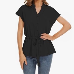 Black Short Sleeve Button Down Tunic Blouse NWOT